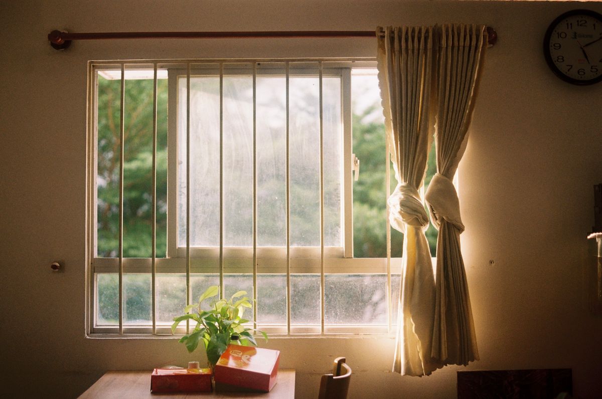 光が差し込む窓辺と観葉植物のある部屋